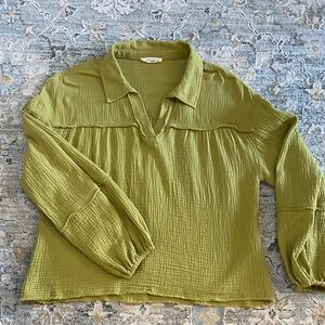 Green Boho Style Gauze Blouse with Raw Edge Details